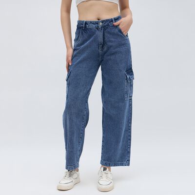 Women's Stonewashed Blue Wide Leg Cargo Jeans