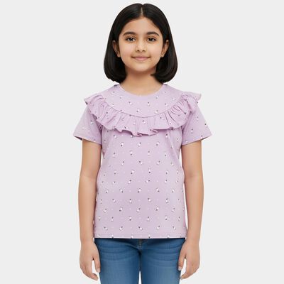 Girls' Purple Cotton Round Neck Graphic Print T-Shirt