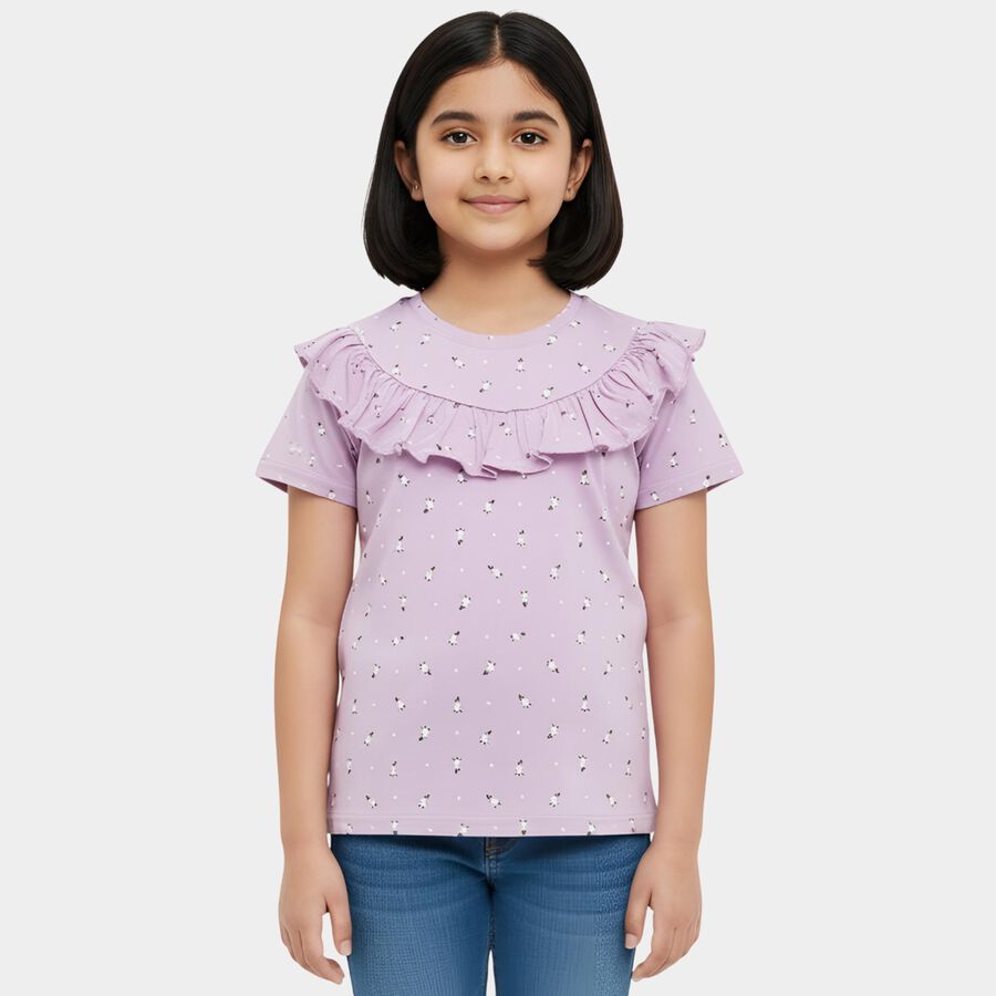 Girls' Purple Cotton Round Neck Graphic Print T-Shirt, Lilac, large