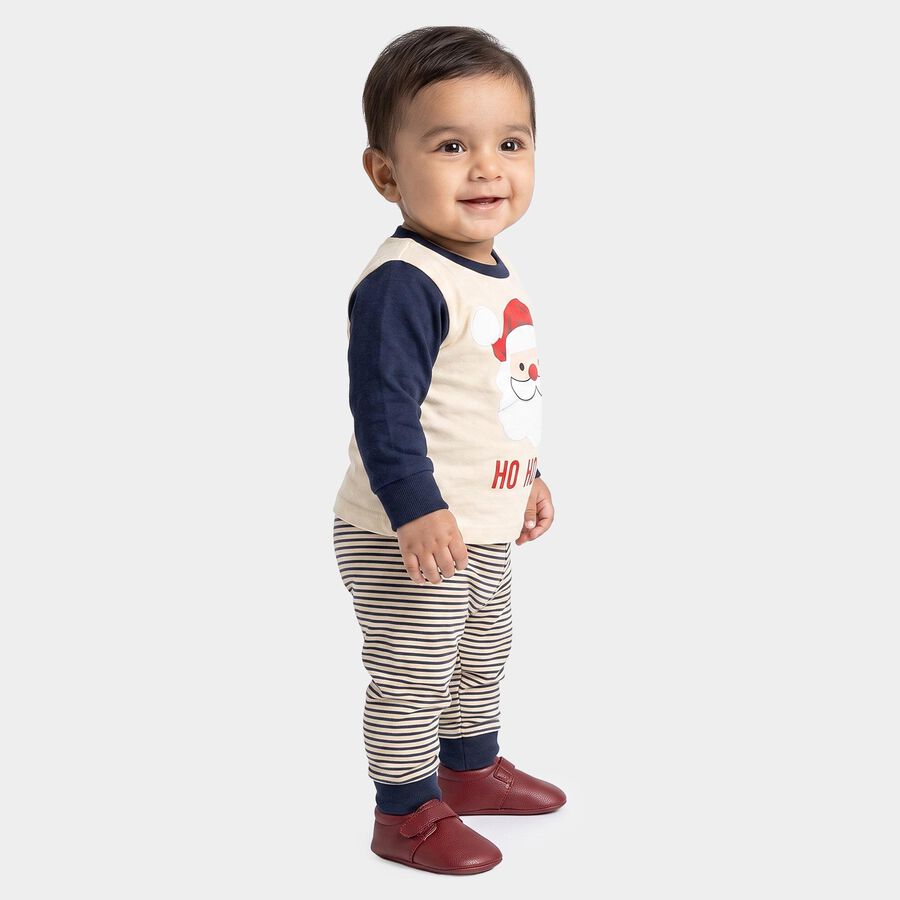 Infants' Beige 100% Cotton Round Neck Santa Graphic Print Baba Suit, Beige, large