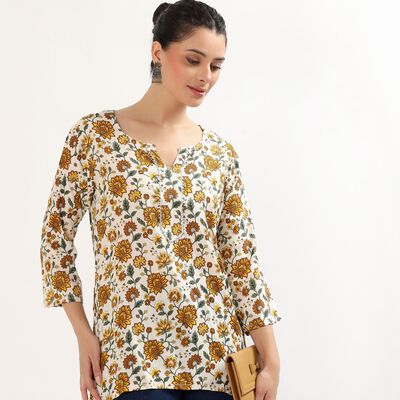 Women's Bright Mustard Yellow Notch Neck Floral Printed Kurti