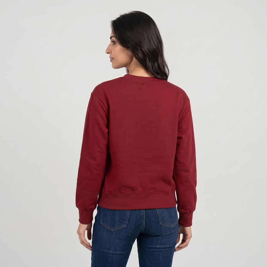 Women Maroon Crew Neck Pullover Sweatshirt, मरून, large