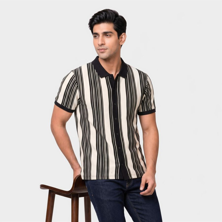 Men's Black Polo Collar Casual Shirt, Black, large