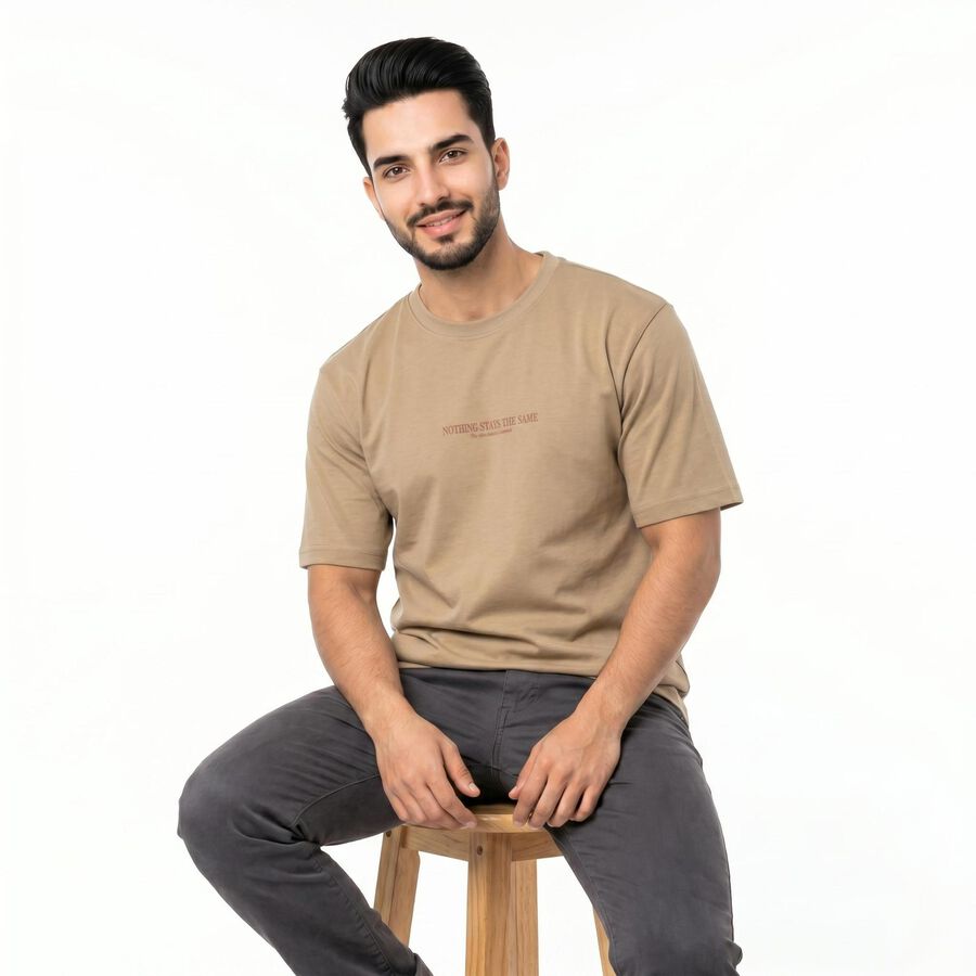 Men's Khaki Round Neck Regular T-Shirt, Khaki, large