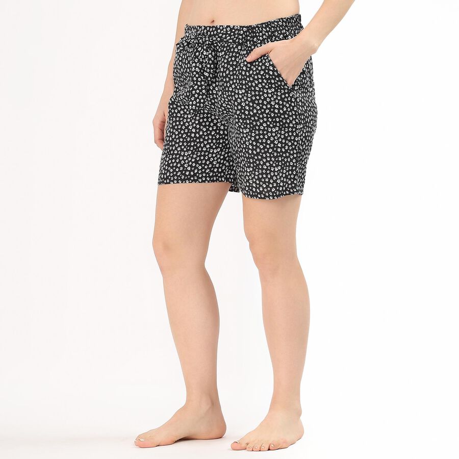 Women's Black Floral Elastic Waist Shorts, काला, large