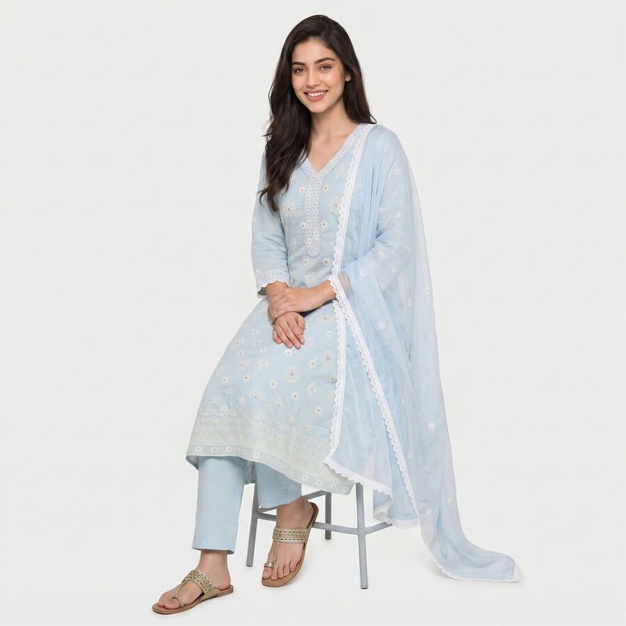 Women Light Blue 100% Cotton Embroidered Ethnic Set, Light Blue, large