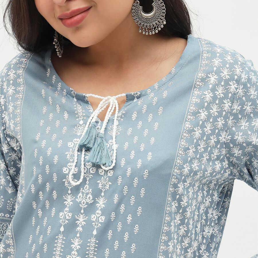 Women's Light Dusty Blue Tie-Up Neck Floral Printed Kurta, Light Grey, large