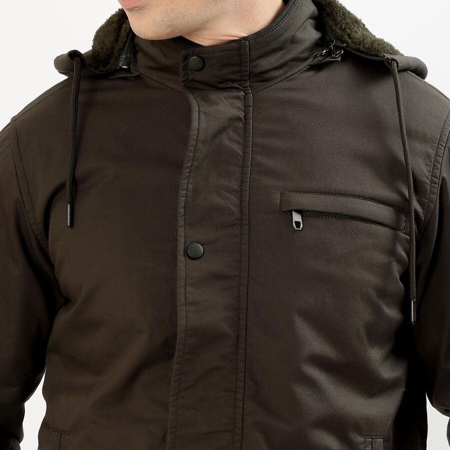 Men's Dark Olive Hooded Casual Jacket, Dark Green, large image number null