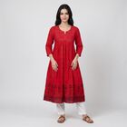 Women's Fuchsia Cotton Notch Neck Embroidered Flared Kurta, रानी (फ्यूशिया), small