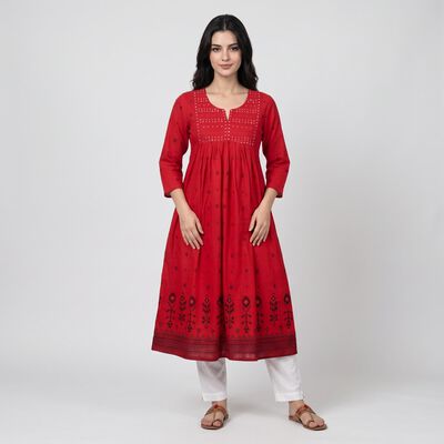 Women's Fuchsia Cotton Notch Neck Embroidered Flared Kurta