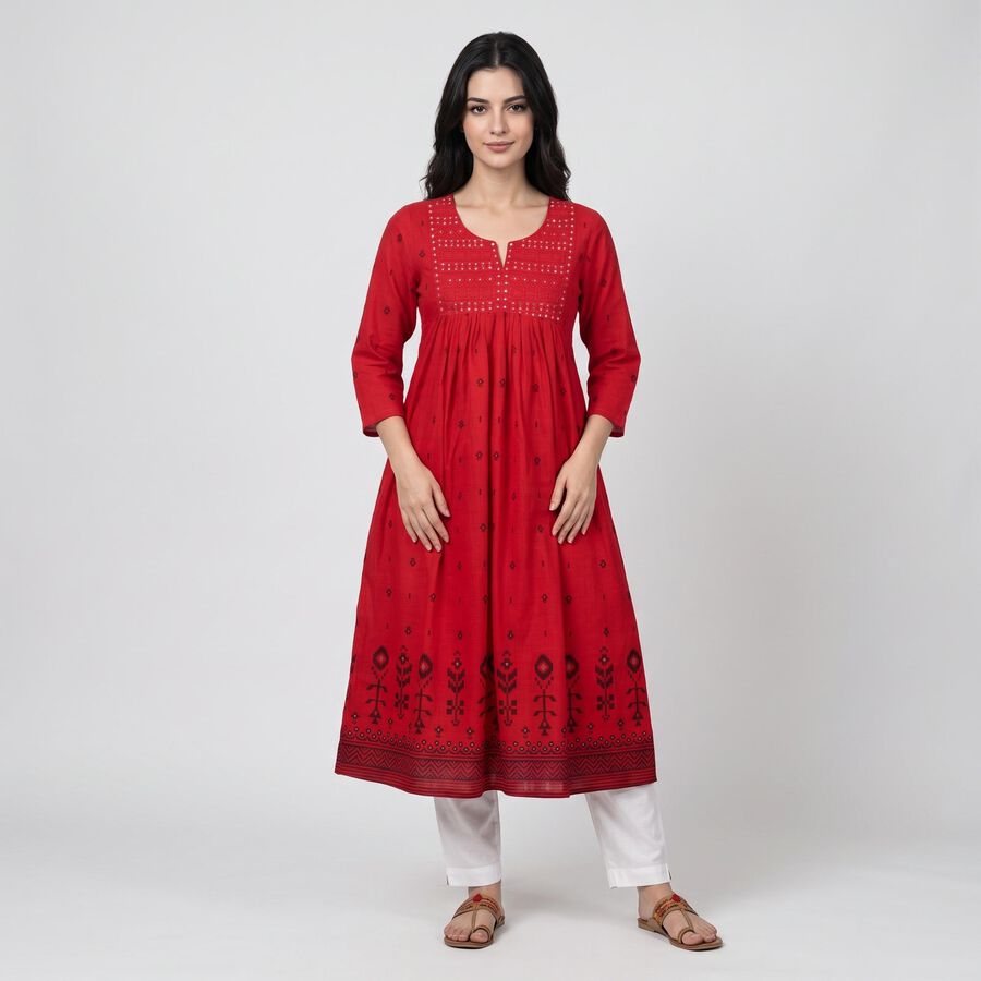 Women's Fuchsia Cotton Notch Neck Embroidered Flared Kurta, रानी (फ्यूशिया), large