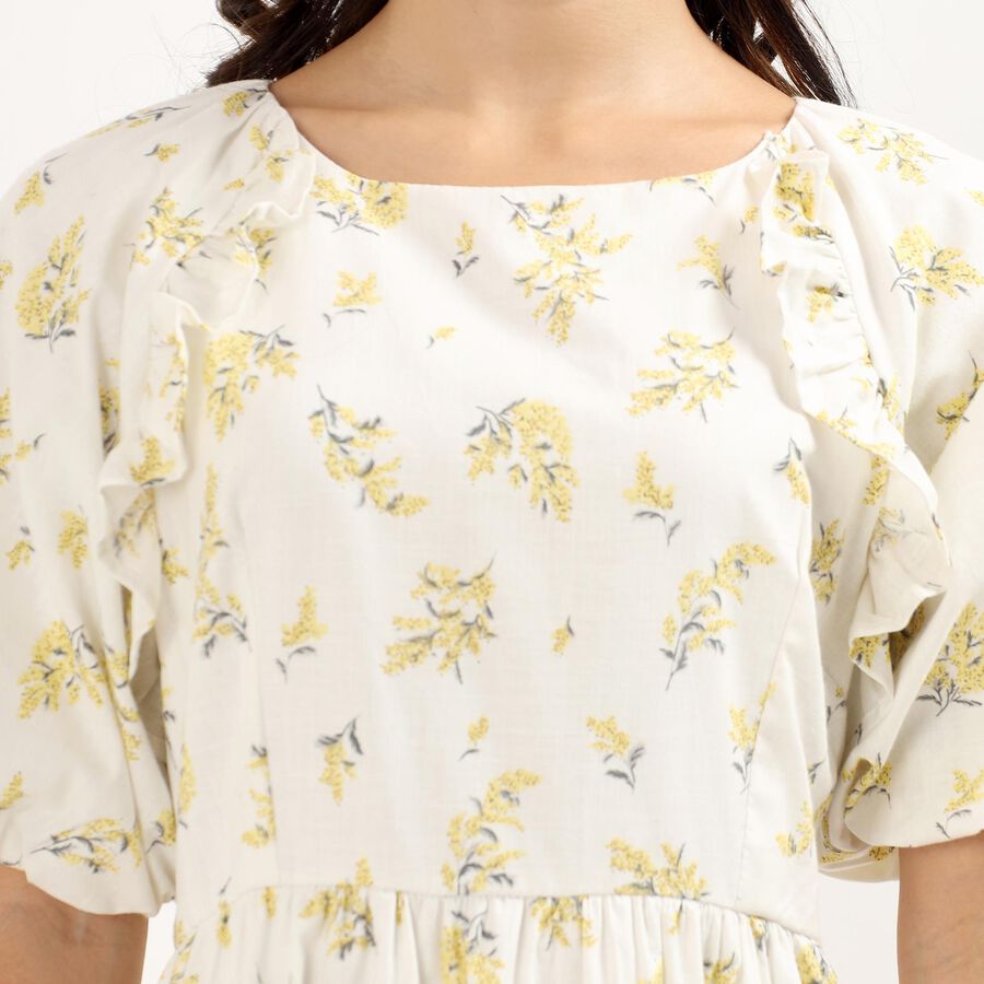 Women's Soft Ivory White Cotton Round Neck Bohemian Dress, Off White, large image number null