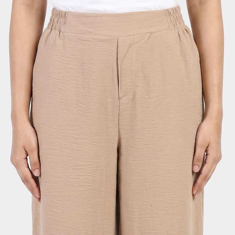 Women's Beige Wide-Leg Elastic Waist Trousers, Beige, large