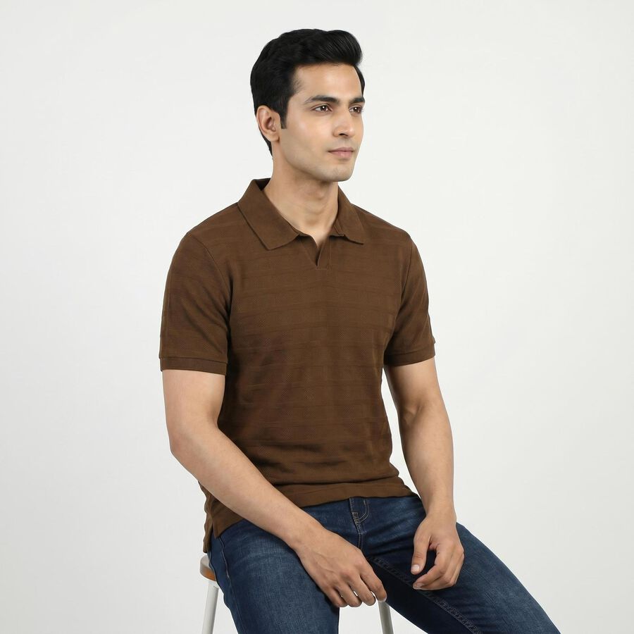 Men's Brown Polo Neck Casual T-Shirt, Brown, large
