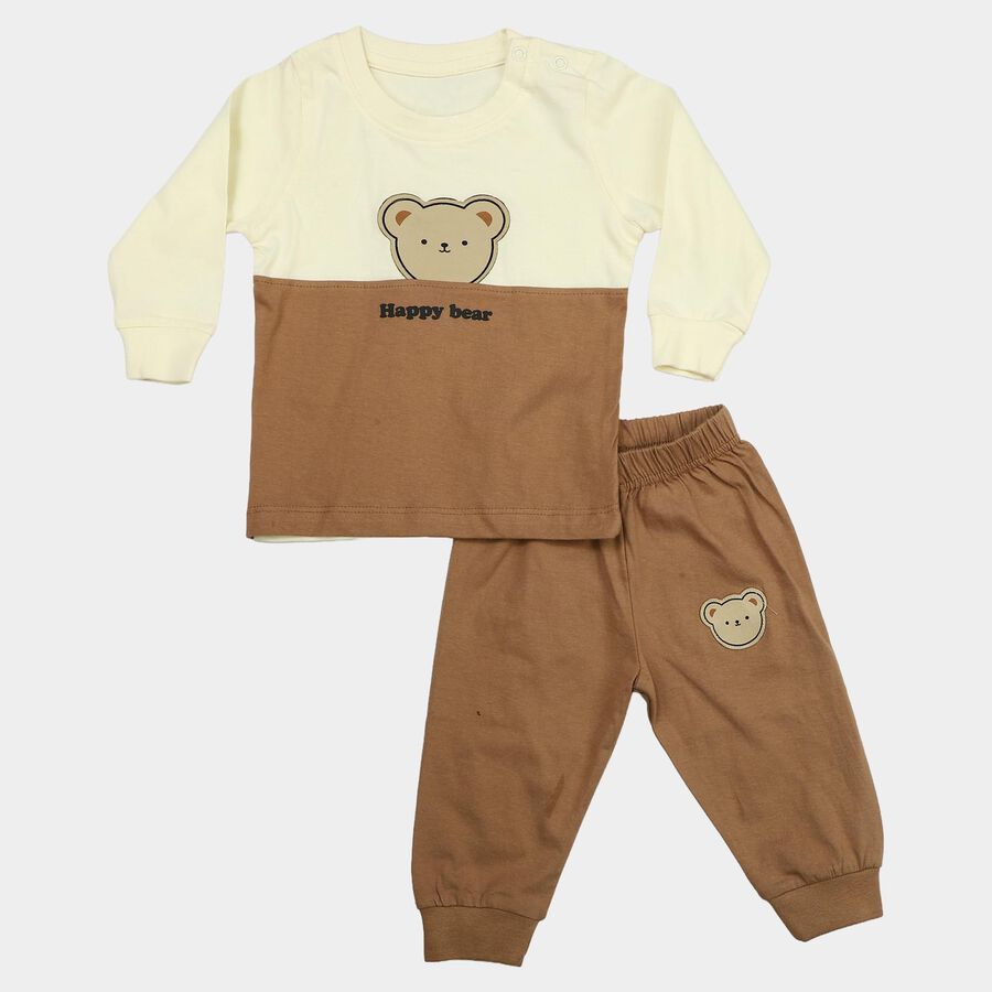 Infants' Beige 100% Cotton Round Neck Graphic Print Baba Suit, Beige, large