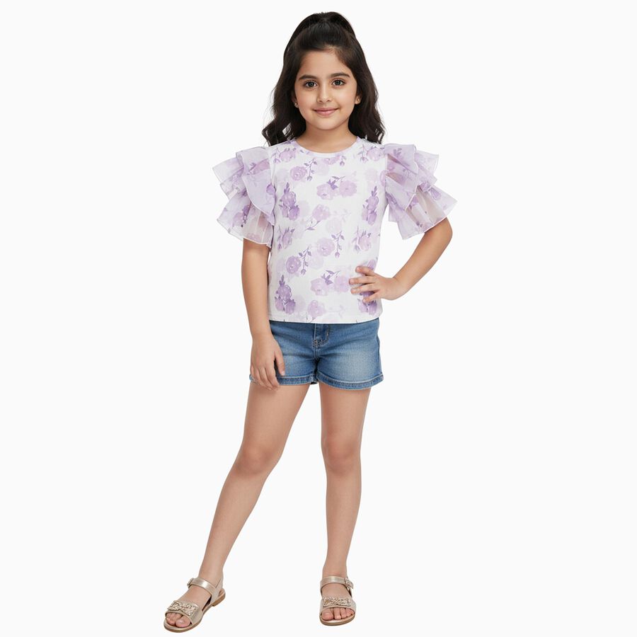 Girls' Soft Lavender Purple Round Neck Casual Floral Printed T-Shirt, लाइलेक, large