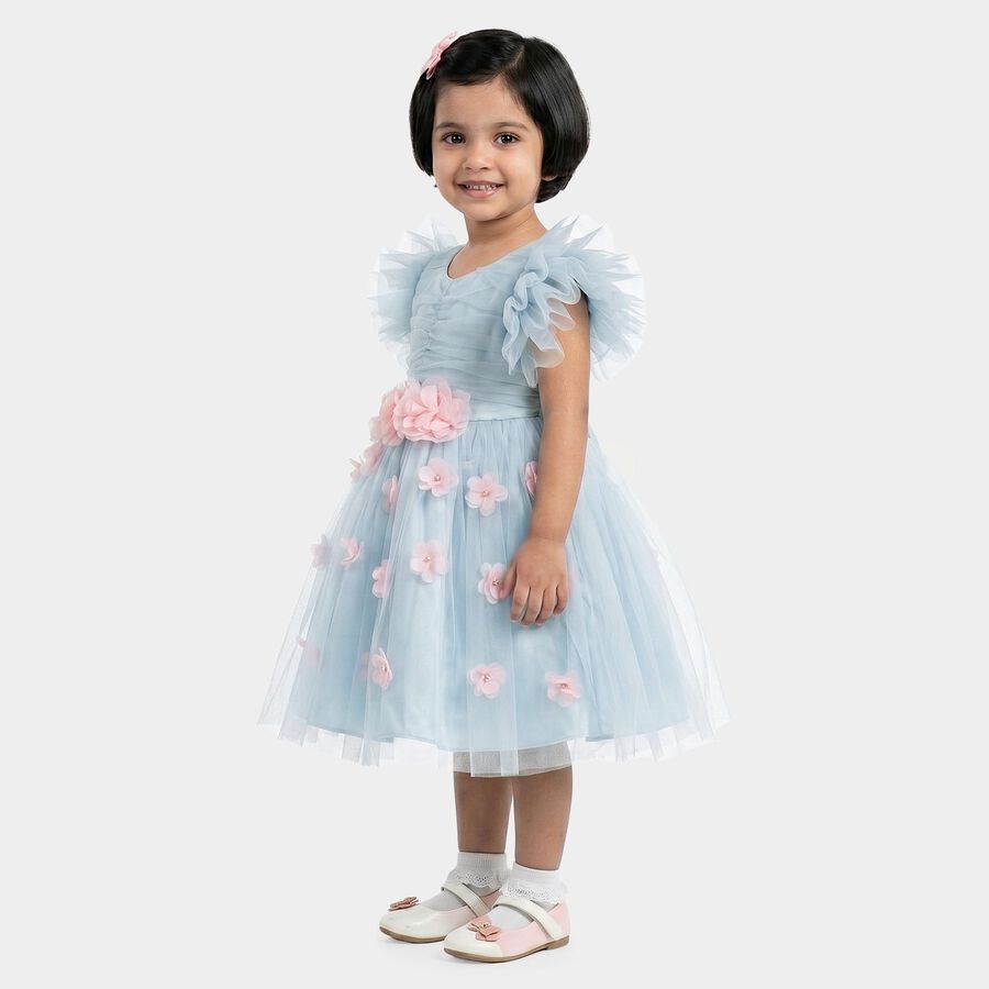 Girls' Light Blue Fit and Flare 3D Floral Applique Party Wear Frock, हल्का नीला, large