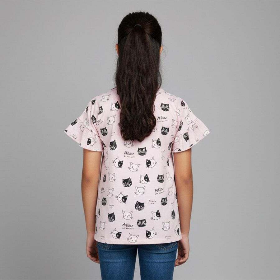 Girls Light Pink Cotton Round Neck Casual T-Shirt, हल्का गुलाबी, large