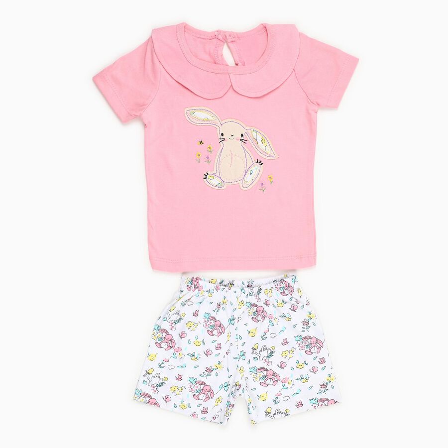 Infant Girl Soft Pink Cotton Peter Pan Collar Casual Shorts Set, Pink, large
