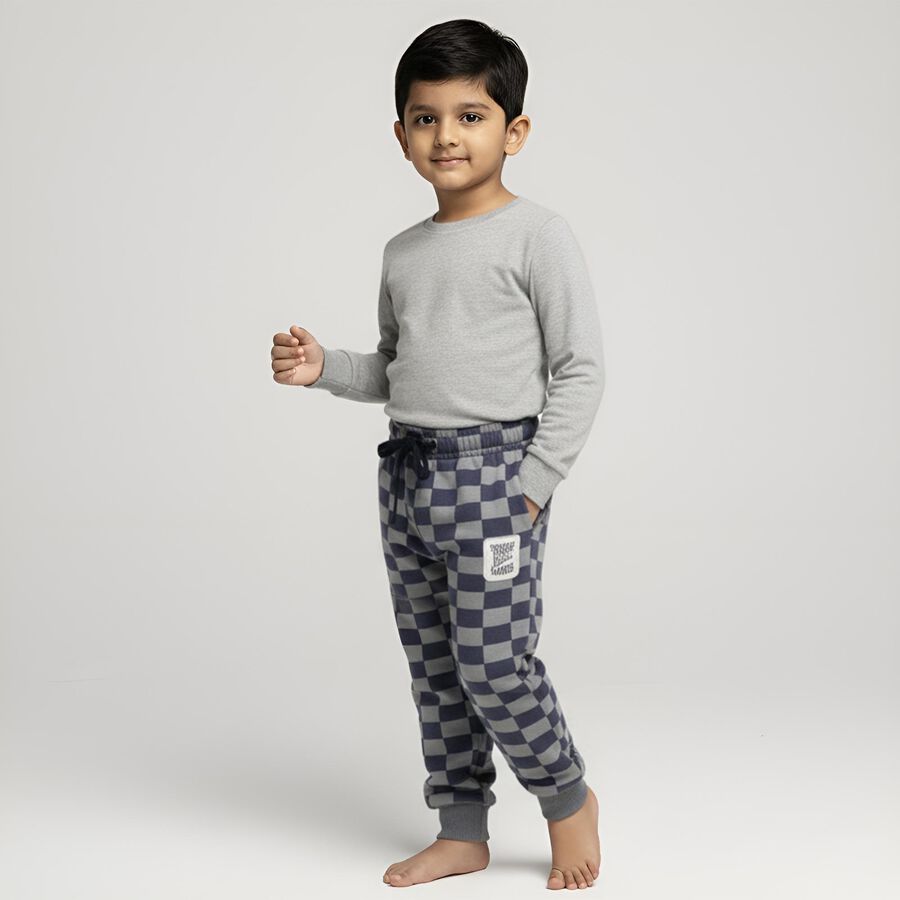 Boys' Navy Blue and Grey Checkered Elastic Waist Pyjama, मध्यम नीला, large image number null