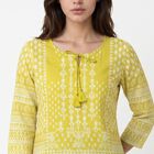 Women's Yellow Round Neck Tie-Up Printed Kurti, पीला, small