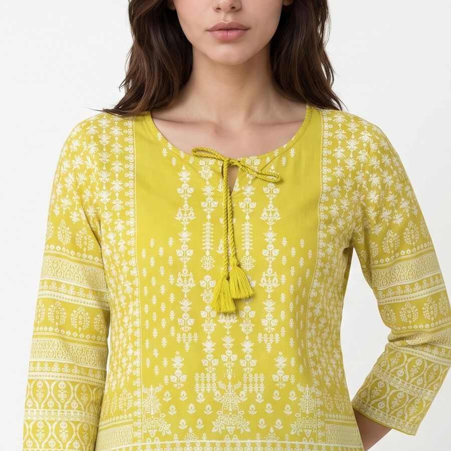 Women's Yellow Round Neck Tie-Up Printed Kurti, पीला, large