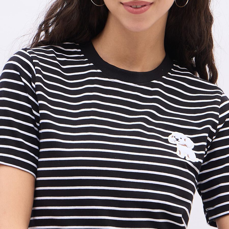 Women's Jet Black Cotton Round Neck Casual T-Shirt, काला, large image number null