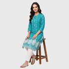 Women's Teal Round Neck Printed Kurta, मध्यम नीला, small