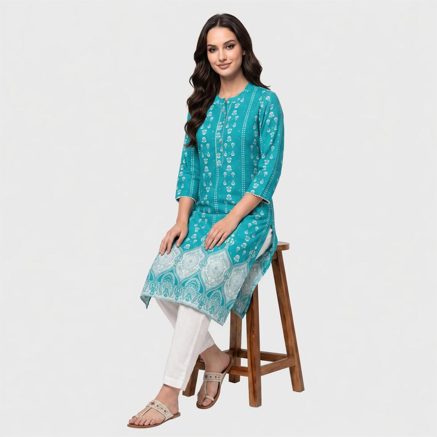 Women's Teal Round Neck Printed Kurta, मध्यम नीला, large