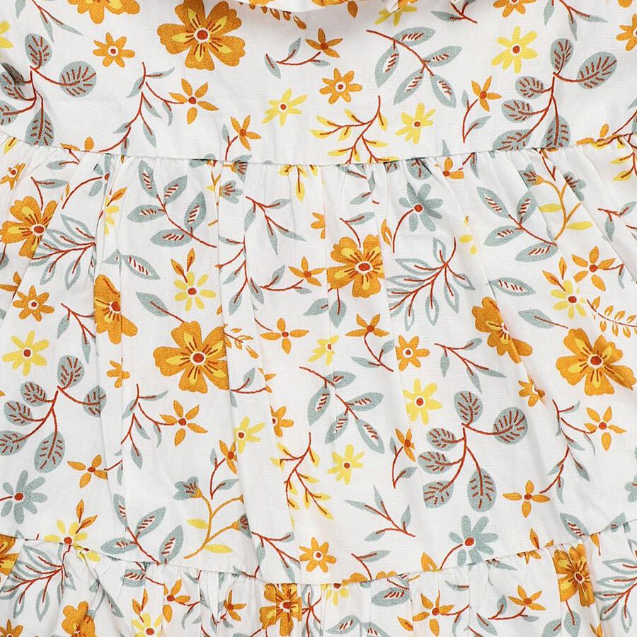 Infant Girls' White Flared Floral Printed Ruffle Neck Frock, Off White, large