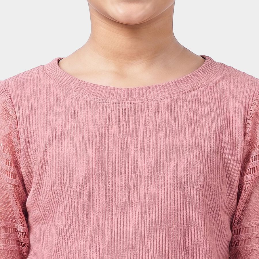 Girls Pink Round Neck Regular Top, गुलाबी, large