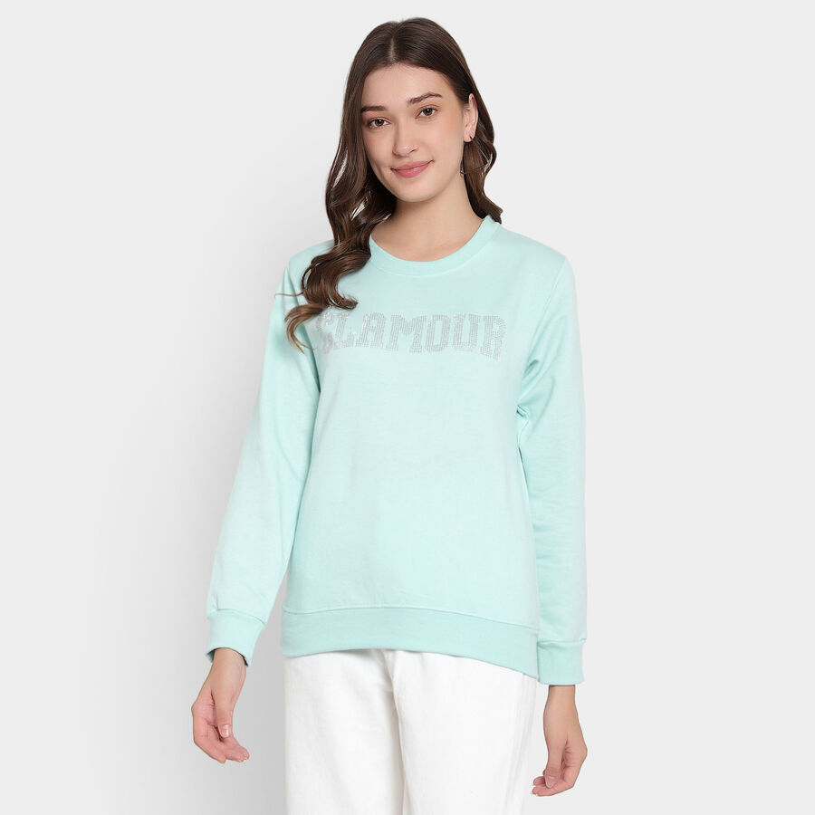 Embellished Round Neck Sweatshirt, Aqua, large image number null