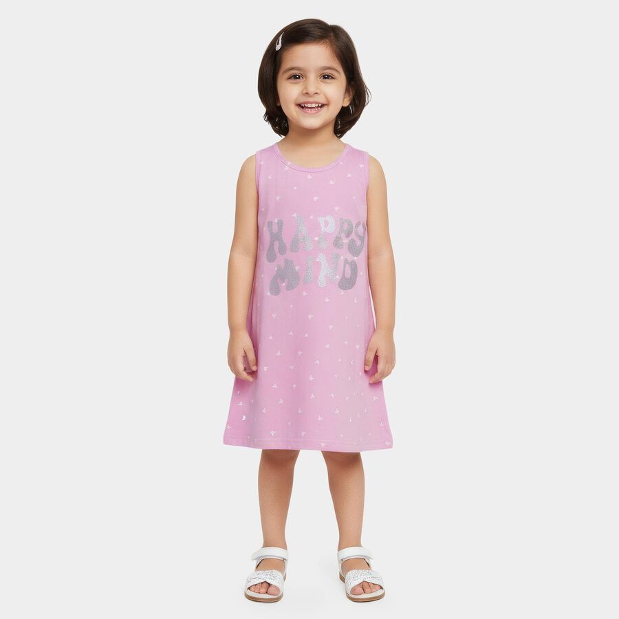 Girls' Lilac Glitter Print Sleeveless A-Line Frock, लाइलेक, large