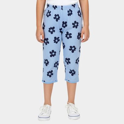 Girls' Mid Blue Regular Fit Unicorn Printed Elastic Waist Capri