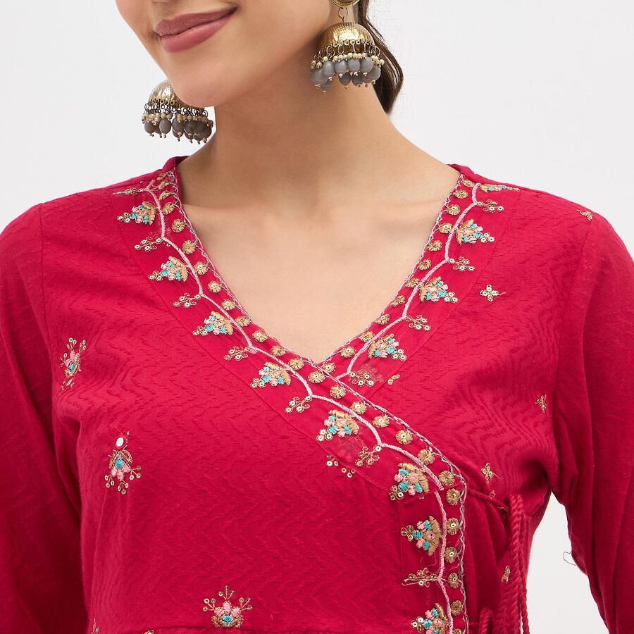 Girls' Bright Fuchsia Embroidered Flared Kurta, रानी (फ्यूशिया), large image number null