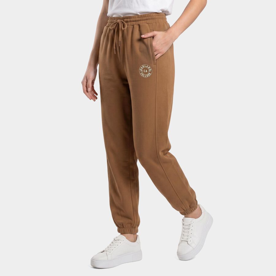 Women's Brown Jogger Fit Logo Print Track Pants, भूरा, large