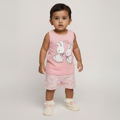 Infant Girl Soft Pink Cotton Sleeveless Casual Shorts Set