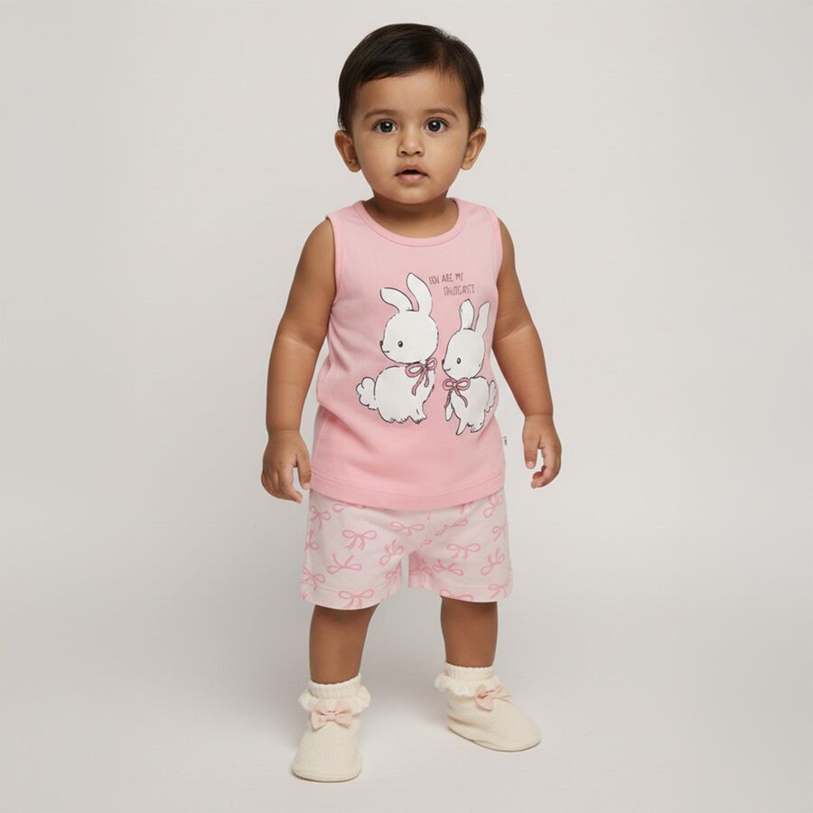 Infant Girl Soft Pink Cotton Sleeveless Casual Shorts Set, गुलाबी, large image number null