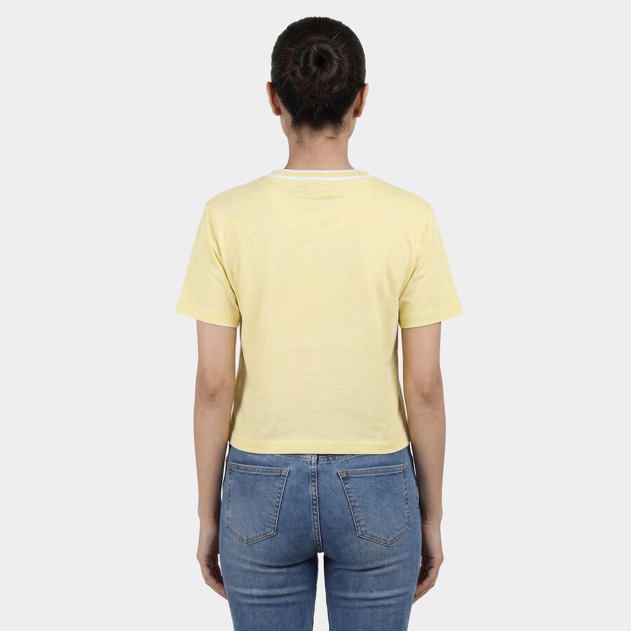 Women's Yellow Cotton Round Neck Casual T-Shirt, पीला, large