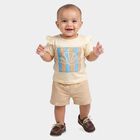 Infants Beige Cotton Crew Neck Short Set Upper and Bottom Set, Beige, small