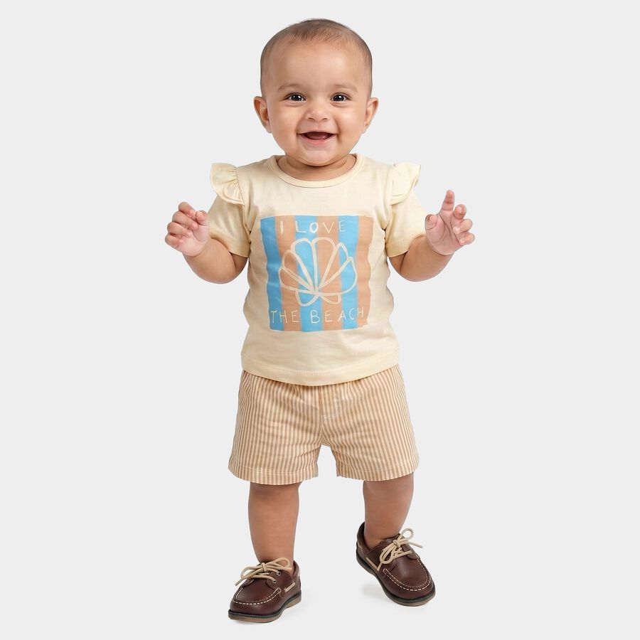 Infants Beige Cotton Crew Neck Short Set Upper and Bottom Set, Beige, large