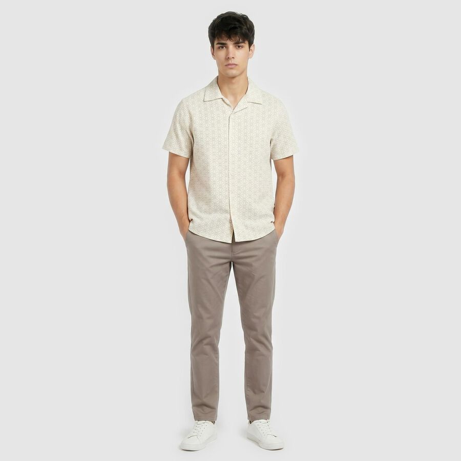 Men's Cream Short Sleeves Camp Collar Camp Collar Casual Shirt, ऑफ व्हाइट, large