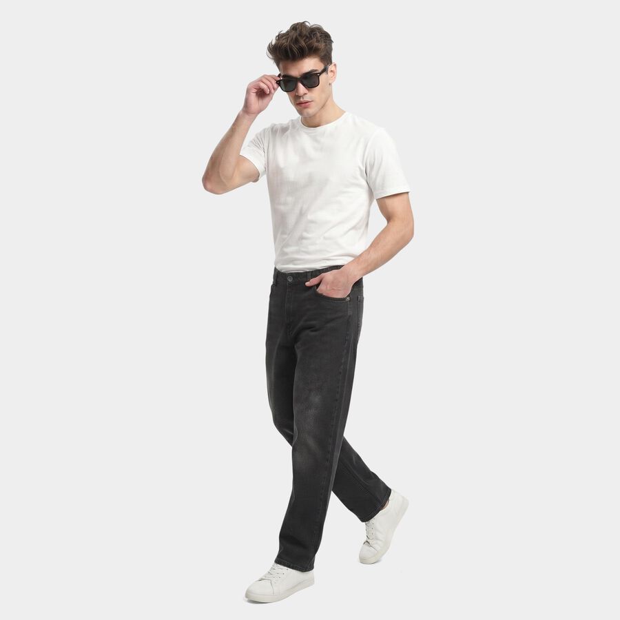 Men's Black Straight Fit Faded Jeans, काला, large