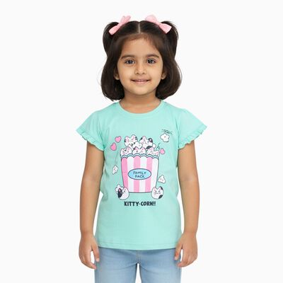 Girls Light Mint Green Cotton Round Neck Casual T-Shirt