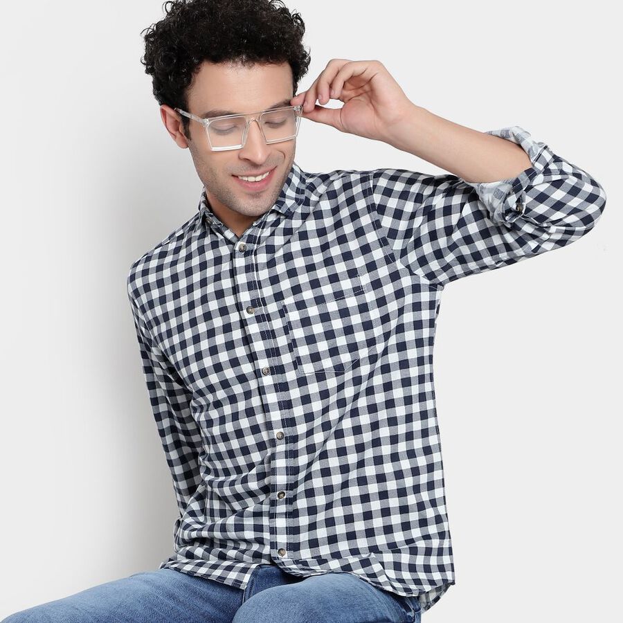 Cotton Checks Casual Shirt, Navy Blue, large image number null
