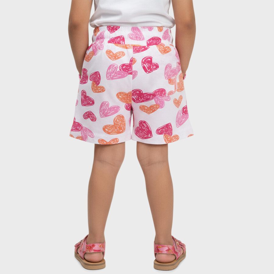 Girls' White Heart Print Elastic Waist Shorts, सफ़ेद, large