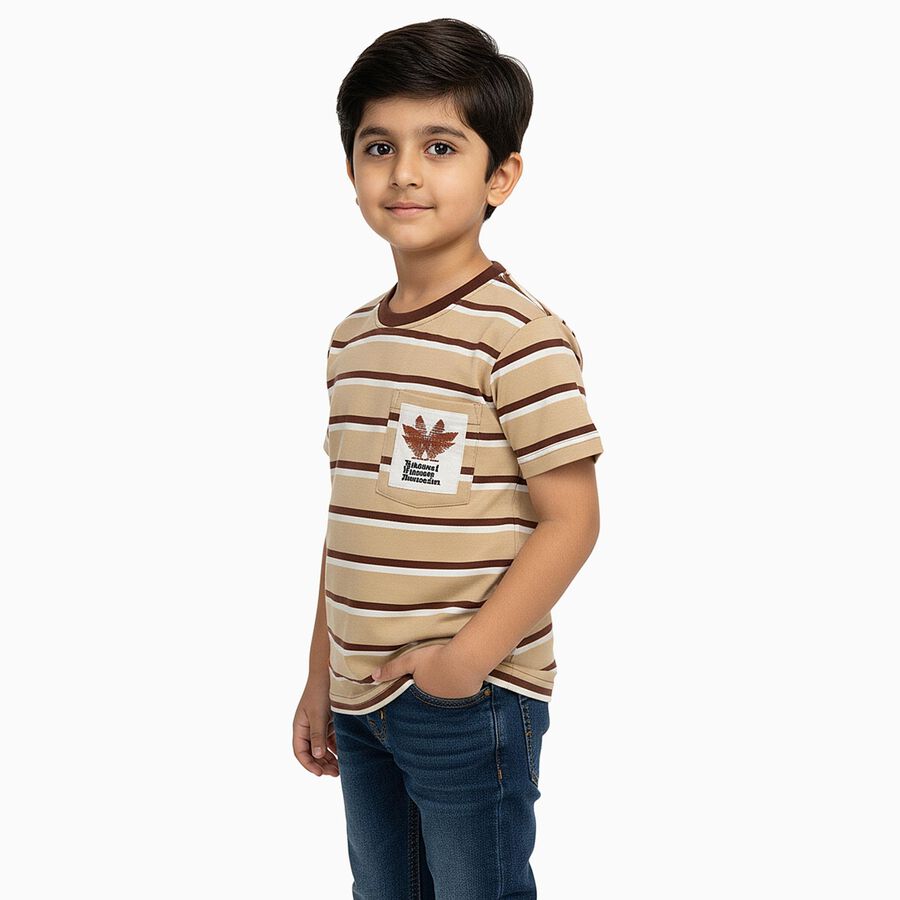 Boys Beige and Brown Crew Neck Casual T-Shirt, गहरा पीला, large