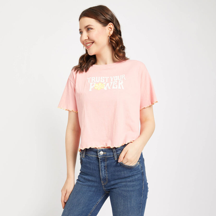 Cotton Round Neck T-Shirt, Peach, large image number null