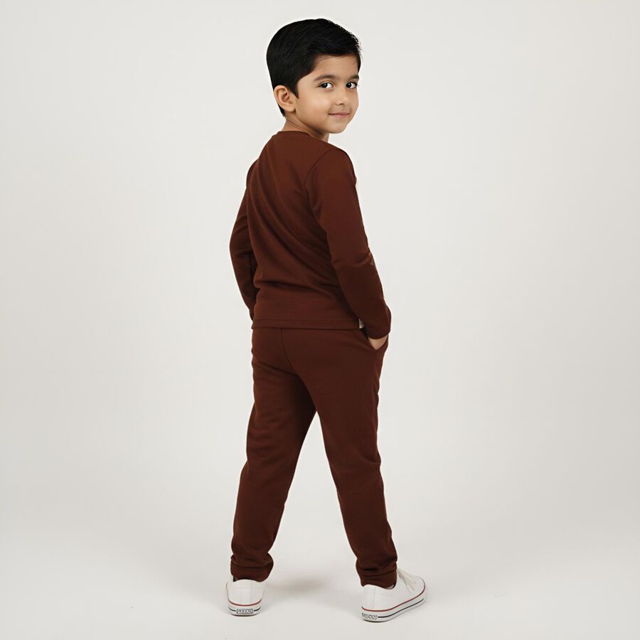 Boys' Dark Chocolate Brown and Cream White Cotton Graphic Printed Baba Suit, Off White, large image number null