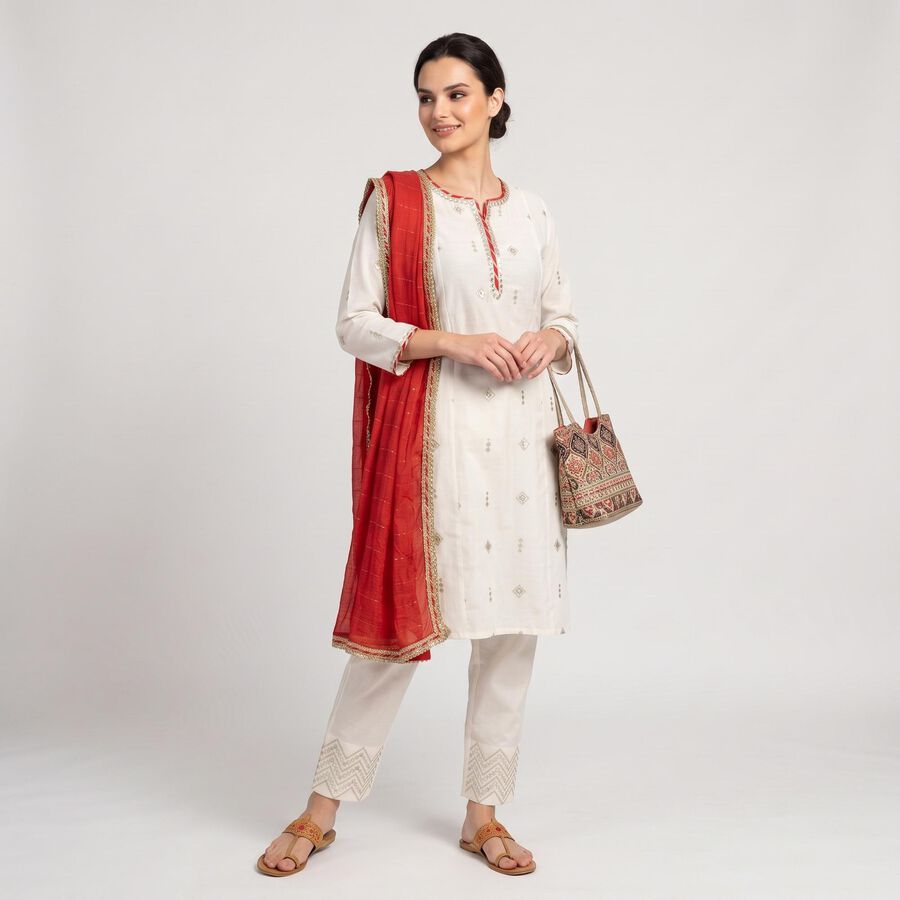 Women's Off White Round Neck Embroidered Straight Kurta, ऑफ व्हाइट, large